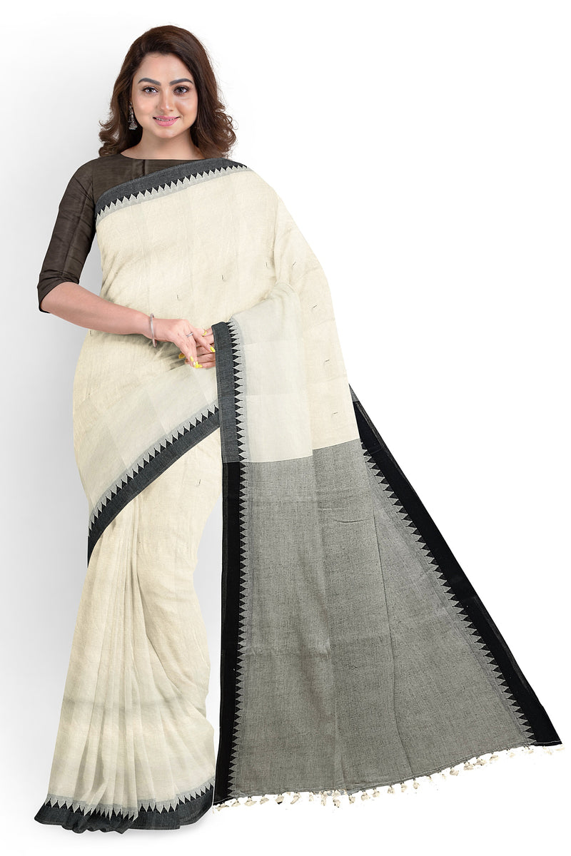 White and Black Floral Design Hand Block Kerala Cotton Saree – Craftyle