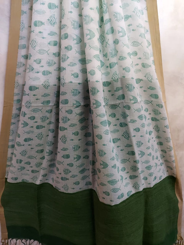 White & Green soft Mulberry silk assorted Fish print saree Balaram Saha  https://www.nature.com/