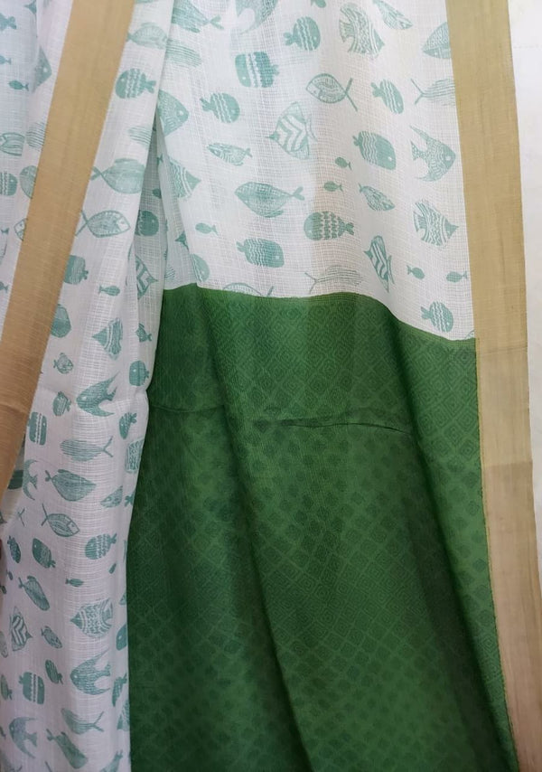 White & Green soft Mulberry silk assorted Fish print saree Balaram Saha  https://discord.com/