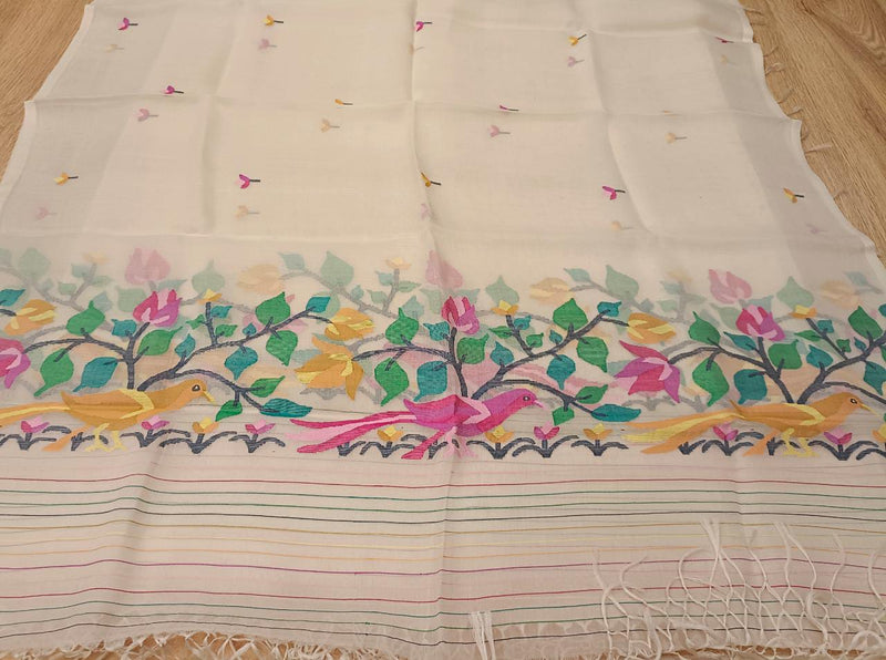 White & Multi Coloured, Muslin Silk Handwoven Jamdani unstitched 2 piece se Balaram Saha