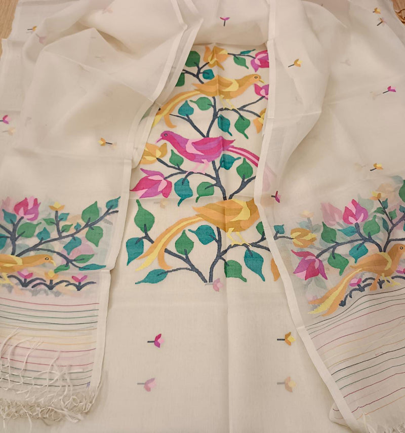 White & Multi Coloured, Muslin Silk Handwoven Jamdani unstitched 2 piece se Balaram Saha