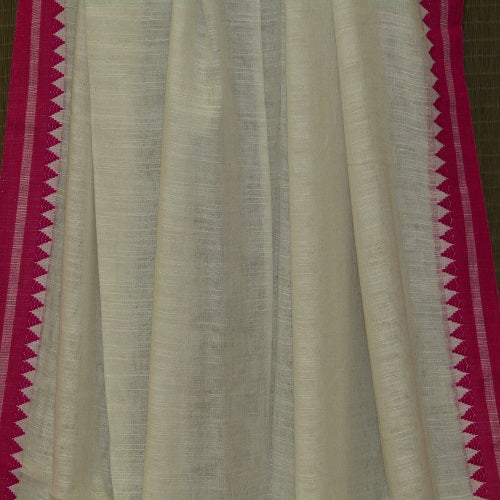 White & Rani-Pink Handloom Cotton Saree by Balaram Saha - (handloom saree, cotton saree, handloom cotton saree, balaram saha online, handloom sarees, cotton handloom saree, bengal handloom sarees, pure cotton, cotton saree for women, cotton saree online)