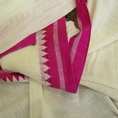 White & Rani-Pink Handloom Cotton Saree by Balaram Saha - (handloom saree, cotton saree, handloom cotton saree, balaram saha online, handloom sarees, cotton handloom saree, bengal handloom sarees, pure cotton, cotton saree for women, cotton saree online)