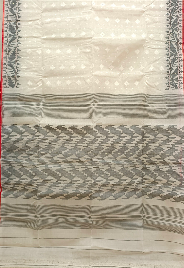 Off-white & Red Handwoven Bangladeshi Jamdani Saree Balaram Saha