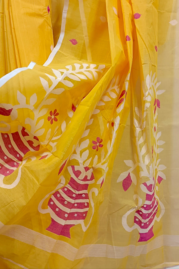 Yellow Handloom Woven Traditional Cotton Jamdani Saree Balaram Saha