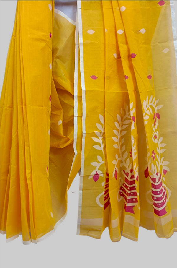 Yellow Handloom Woven Traditional Cotton Jamdani Saree Balaram Saha