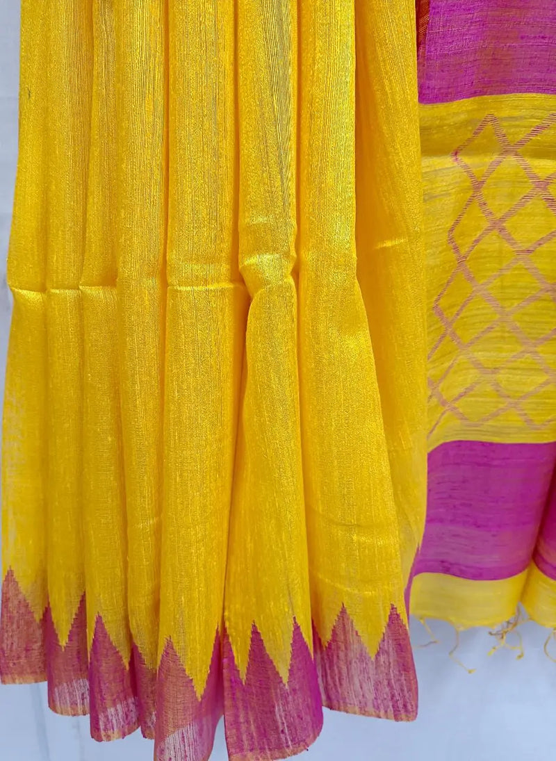 Yellow & Magenta Matka silk saree with temple on border Balaram Saha