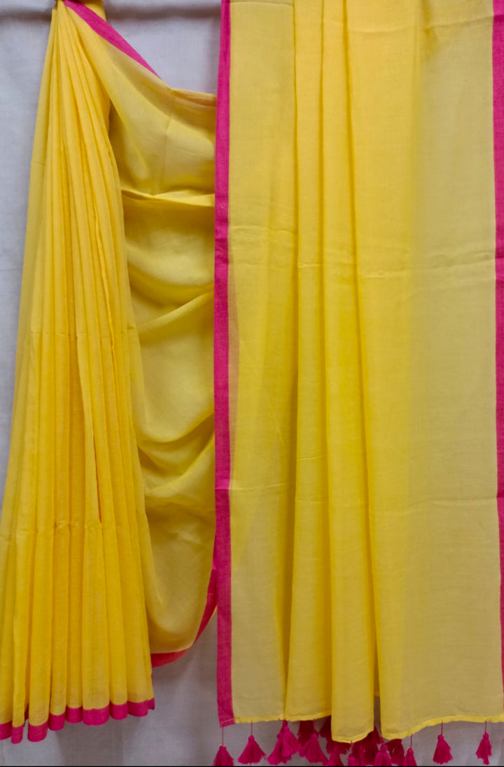 Yellow & Pink Soft Handloom Mull Cotton Saree Balaram Saha