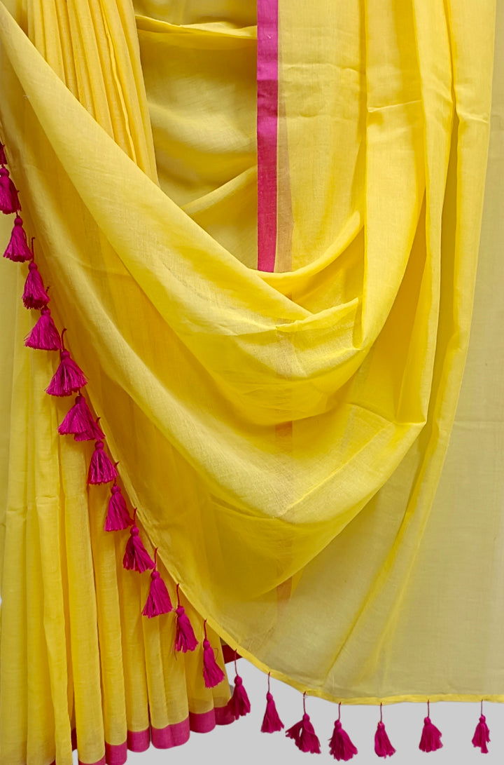 Yellow & Pink Soft Handloom Mull Cotton Saree Balaram Saha