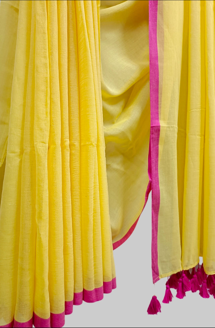 Yellow & Pink Soft Handloom Mull Cotton Saree Balaram Saha