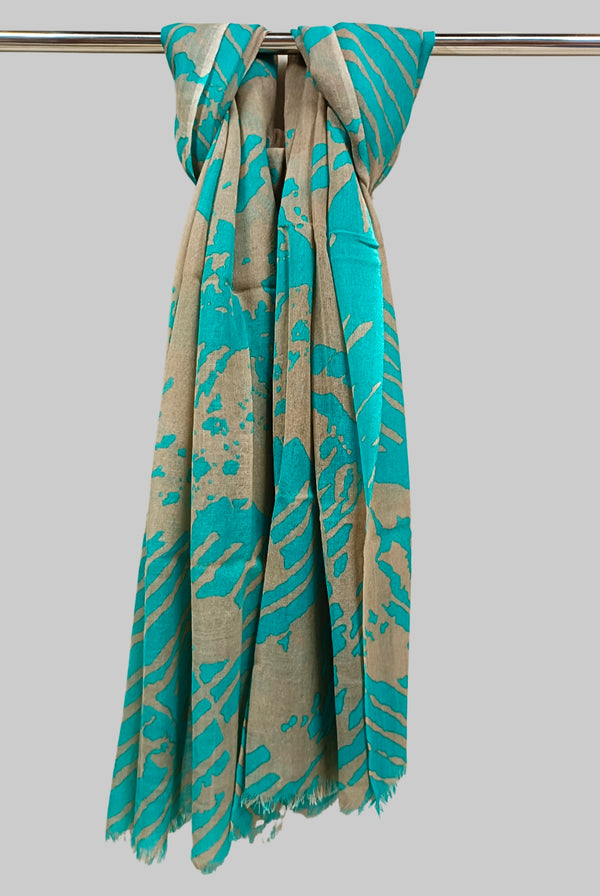 Beige & Blue Handloom soft Woolen Printed Stole Balaram Saha