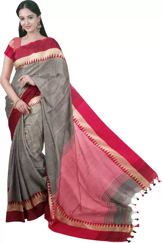 Rani Pink body and Orange Anchal Handloom Cotton Saree Balaram Saha