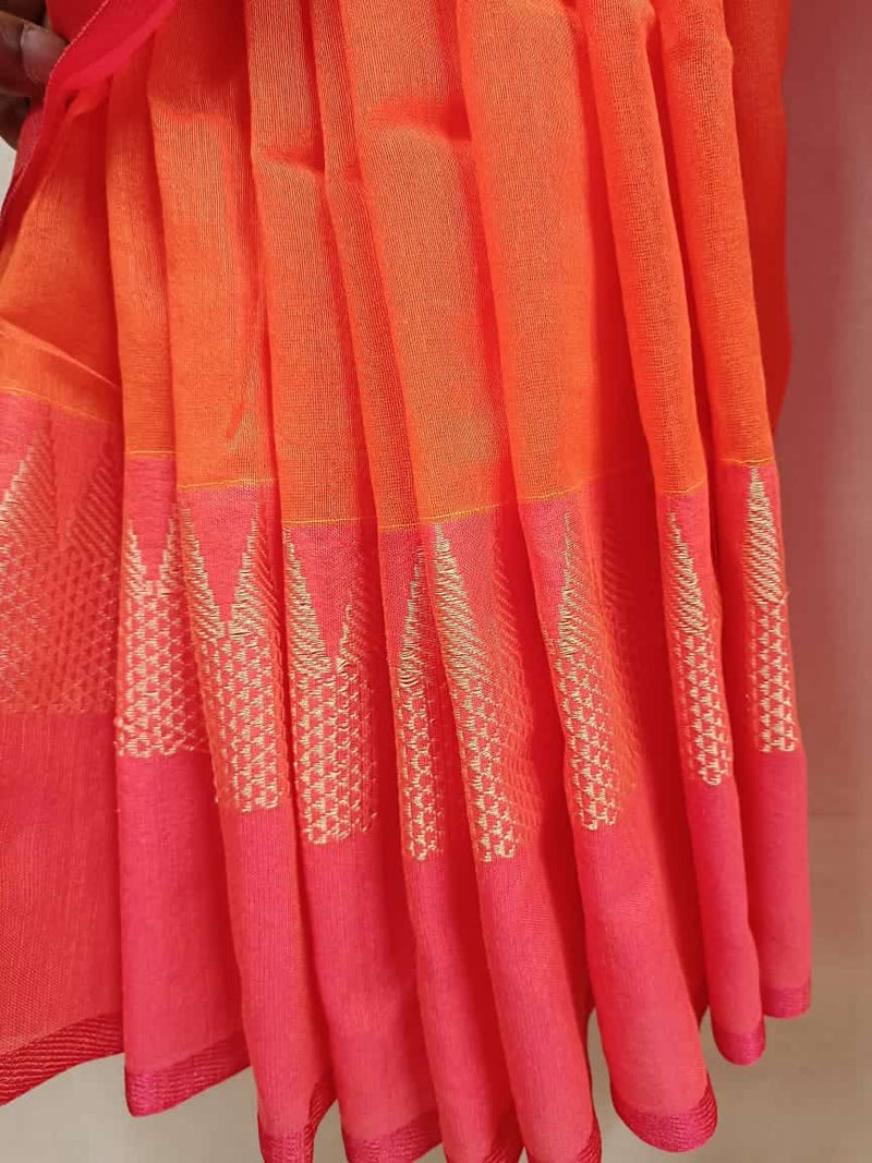 Buy Fire Orange Handloom Chanderi Kora Silk Saree