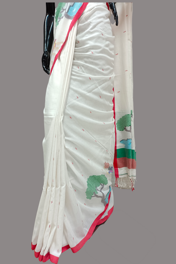 Off White & Multi Coloured Soft Muslin Cotton Saree Balaram Saha