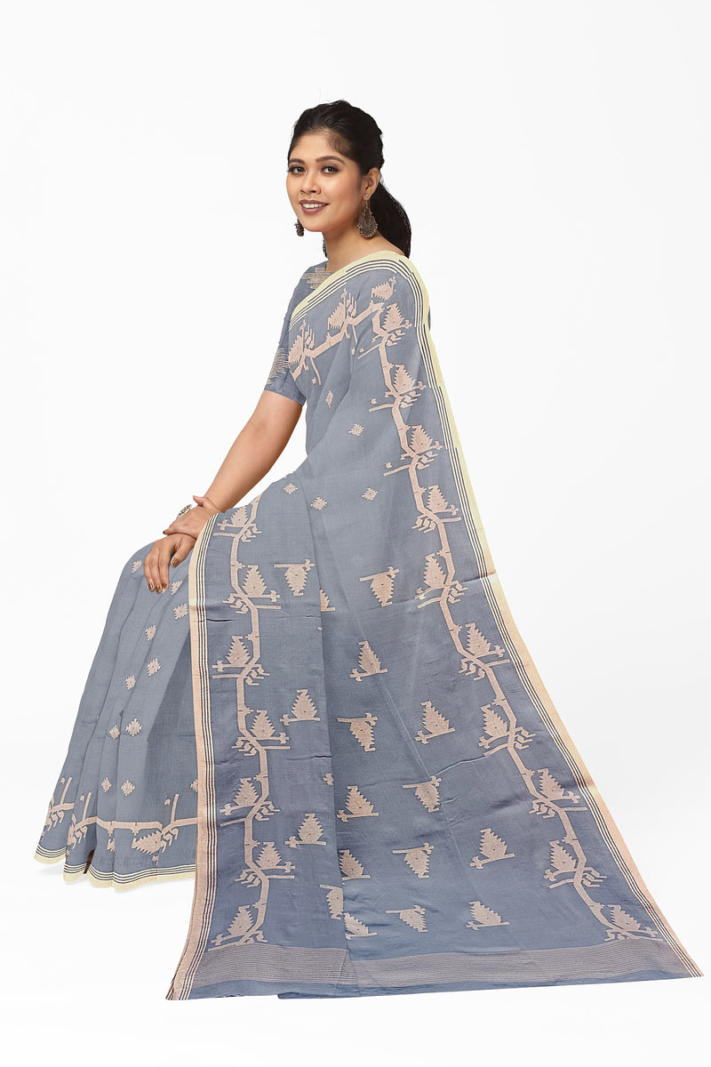 Handspun & Handwoven, sky blue & white, soft cotton Jamdani Saree Balaram Saha