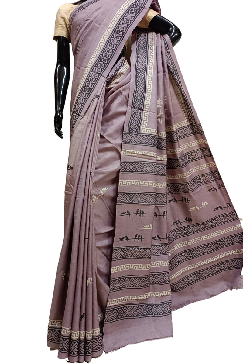 Rose-Brown Handloom Hand Block Print Tussar Silk Saree Balaram Saha