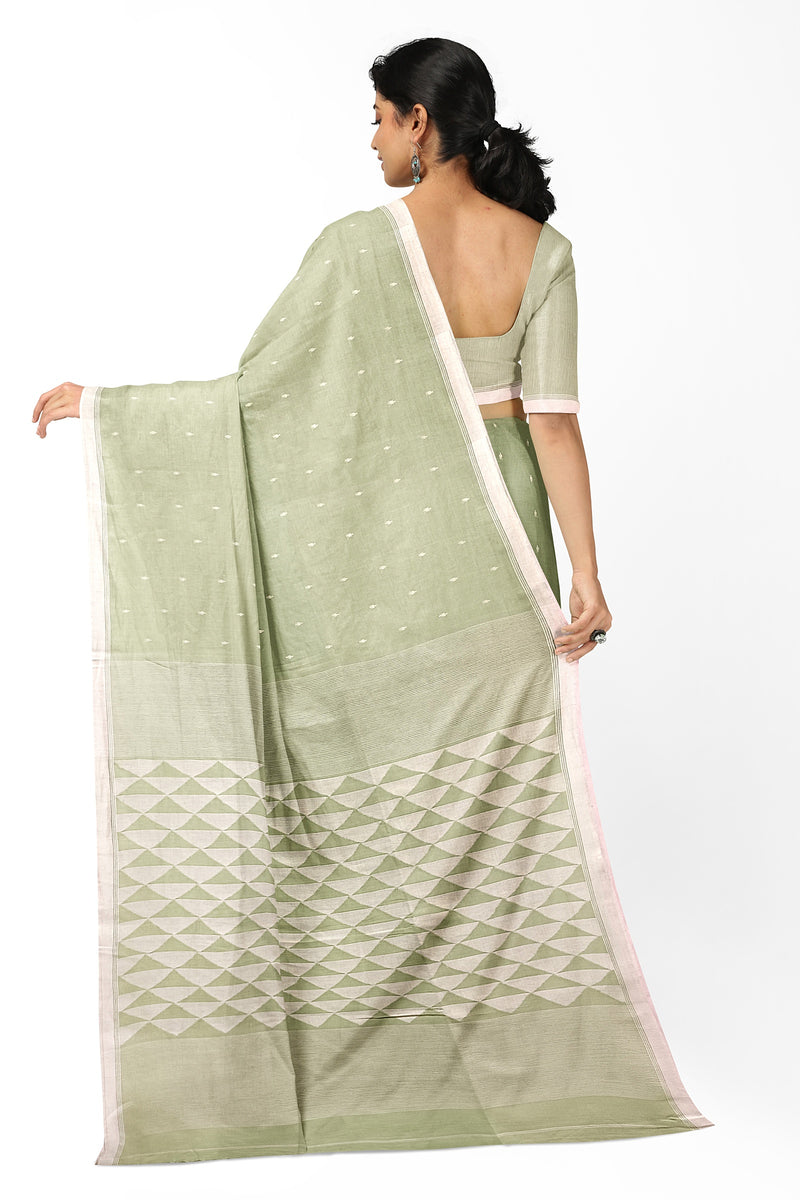Light Green Soft Handloom Handspun Cotton Jamdani Saree Balaram Saha