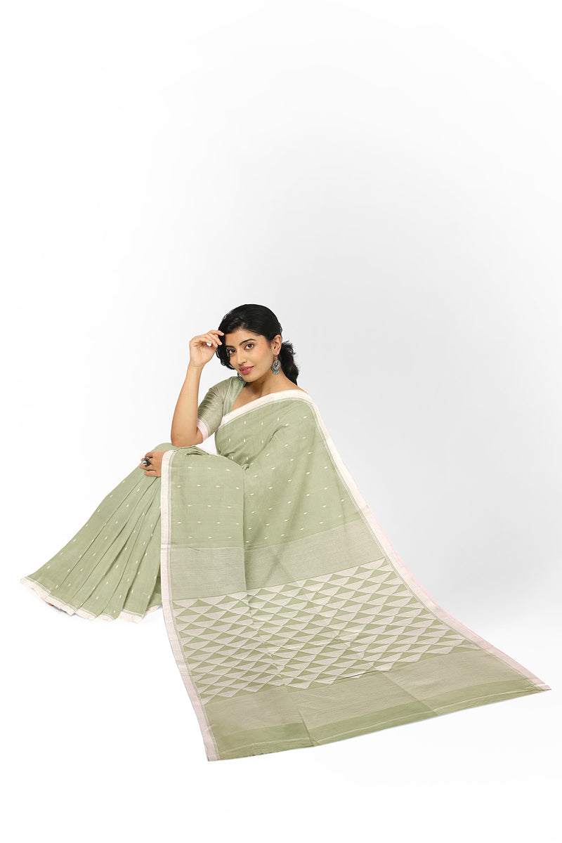Light Green Soft Handloom Handspun Cotton Jamdani Saree Balaram Saha