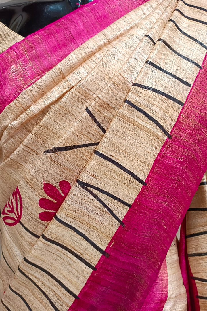Off White & Purple Printed Ghicha Tussar Silk Saree Balaram Saha