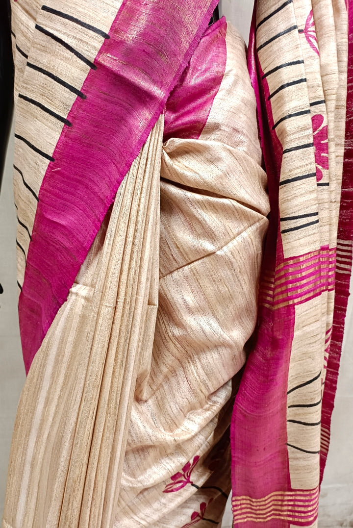 Off White & Purple Printed Ghicha Tussar Silk Saree Balaram Saha