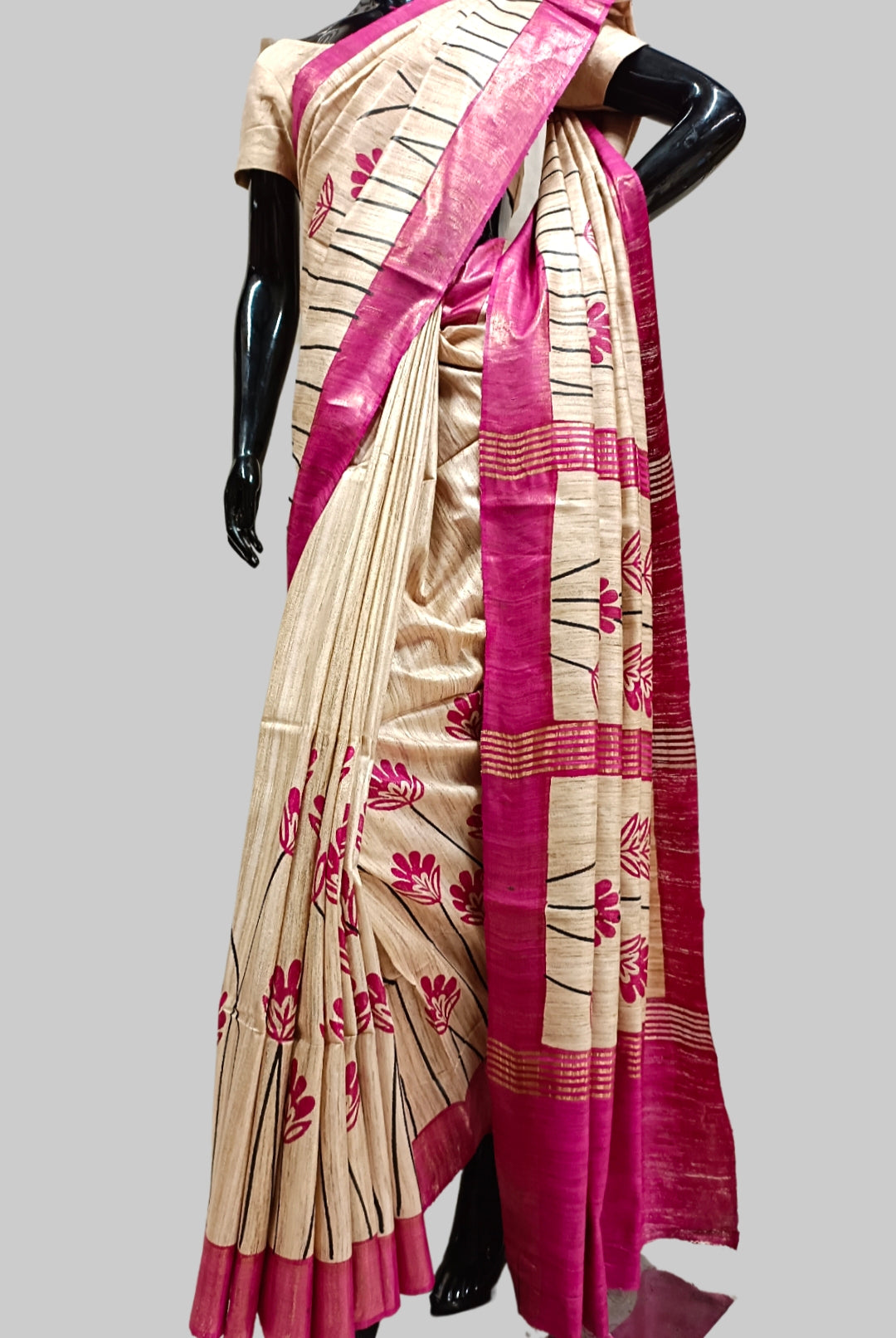 Off White & Purple Printed Ghicha Tussar Silk Saree Balaram Saha