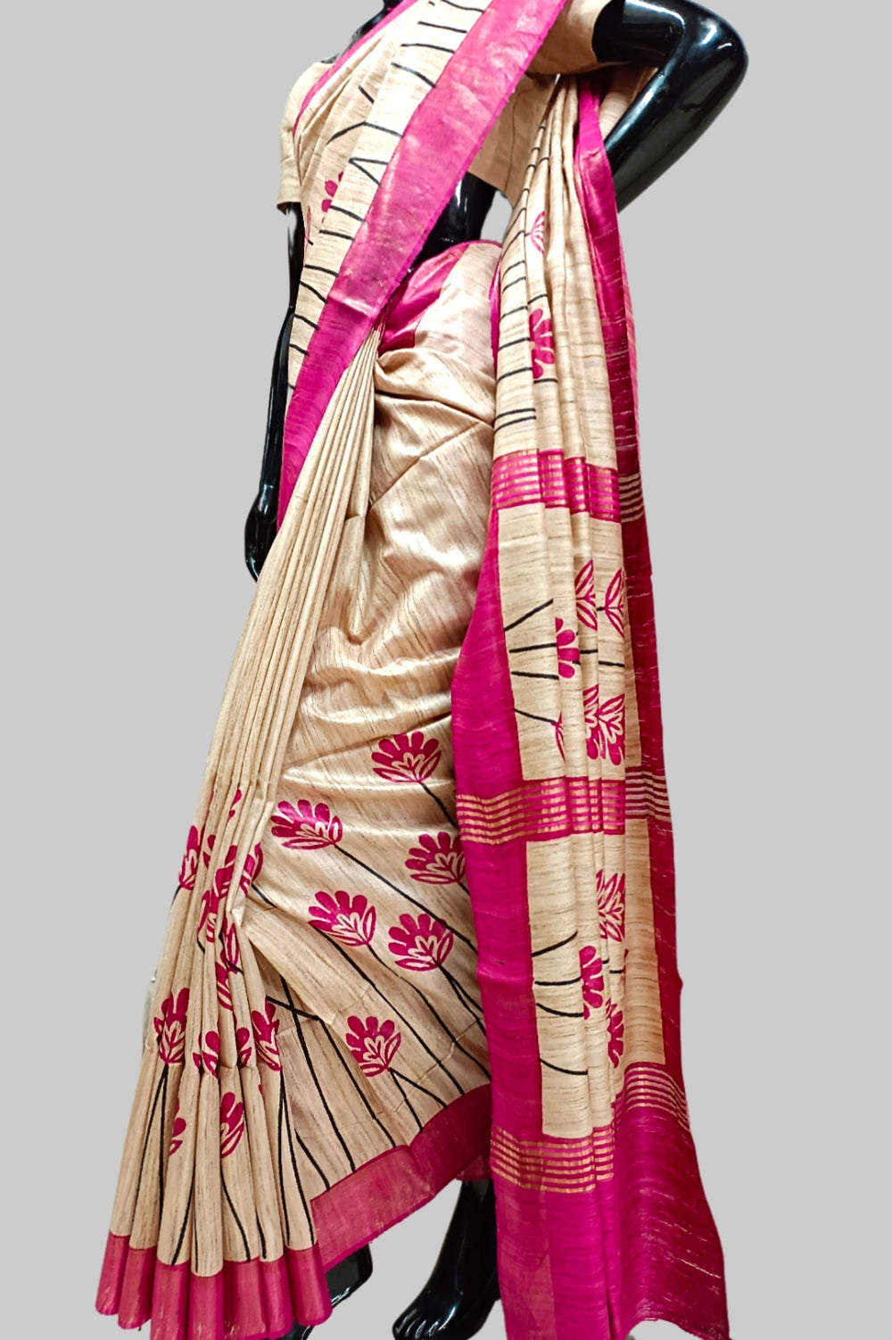 Off White & Purple Printed Ghicha Tussar Silk Saree Balaram Saha