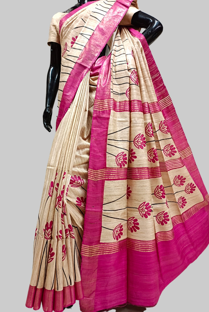 Off White & Purple Printed Ghicha Tussar Silk Saree Balaram Saha