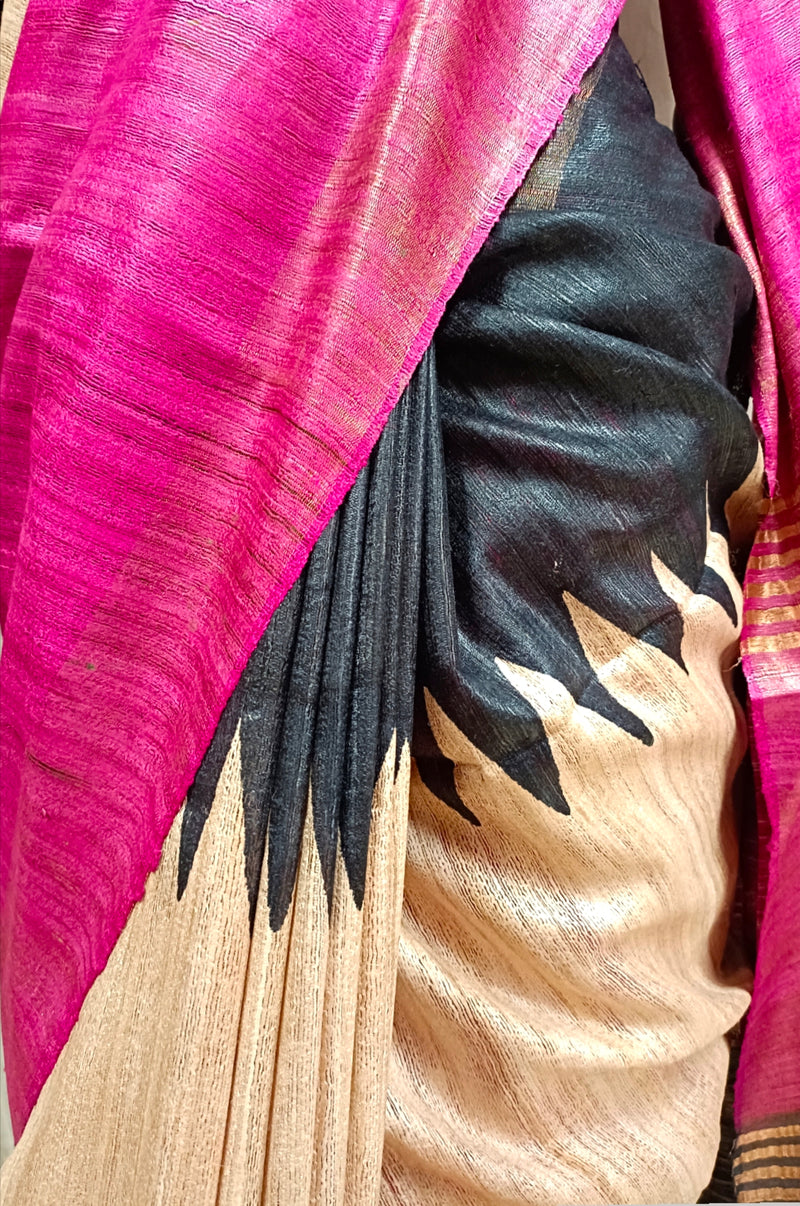 Pink & Black Printed Ghicha Tussar Silk Saree Balaram Saha