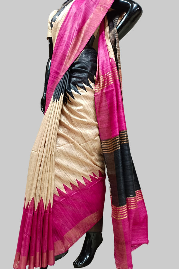 Pink & Black Printed Ghicha Tussar Silk Saree Balaram Saha