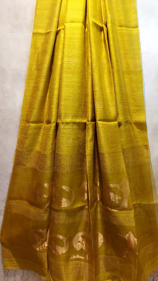 Mustard green handloom matka silk saree Balaram Saha