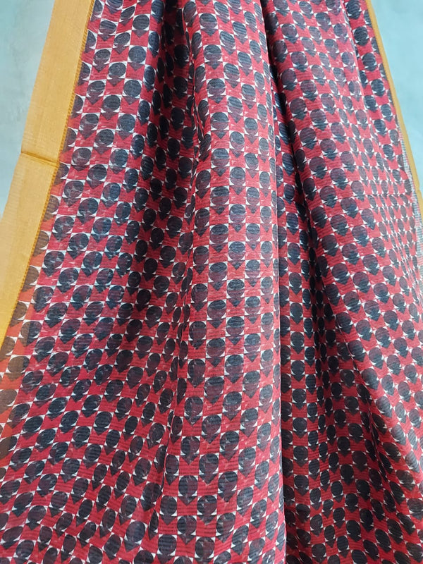 Red & Black Handloom Soft Silk Print Saree Balaram Saha