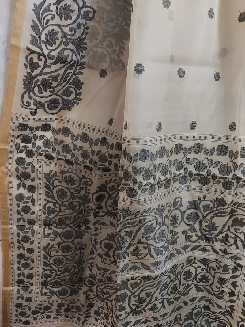 White & Black intricately woven Jamdani soft Muslin saree Balaram Saha
