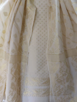 White & Gold Soft Cotton Handloom Unstitched 2 Piece Dkakai Set Balaram Saha
