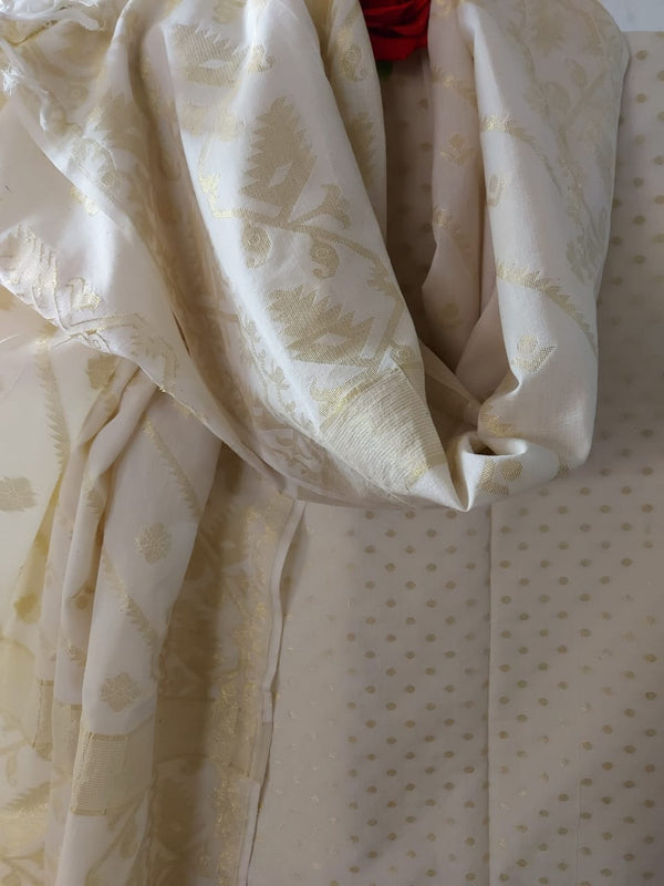 White & Gold Soft Cotton Handloom Unstitched 2 Piece Dkakai Set Balaram Saha