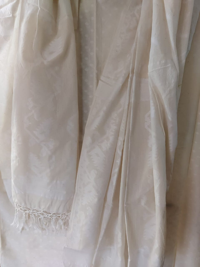 White On White Soft Cotton Handloom Unstitched 2 Piece Dhakai Set Balaram Saha