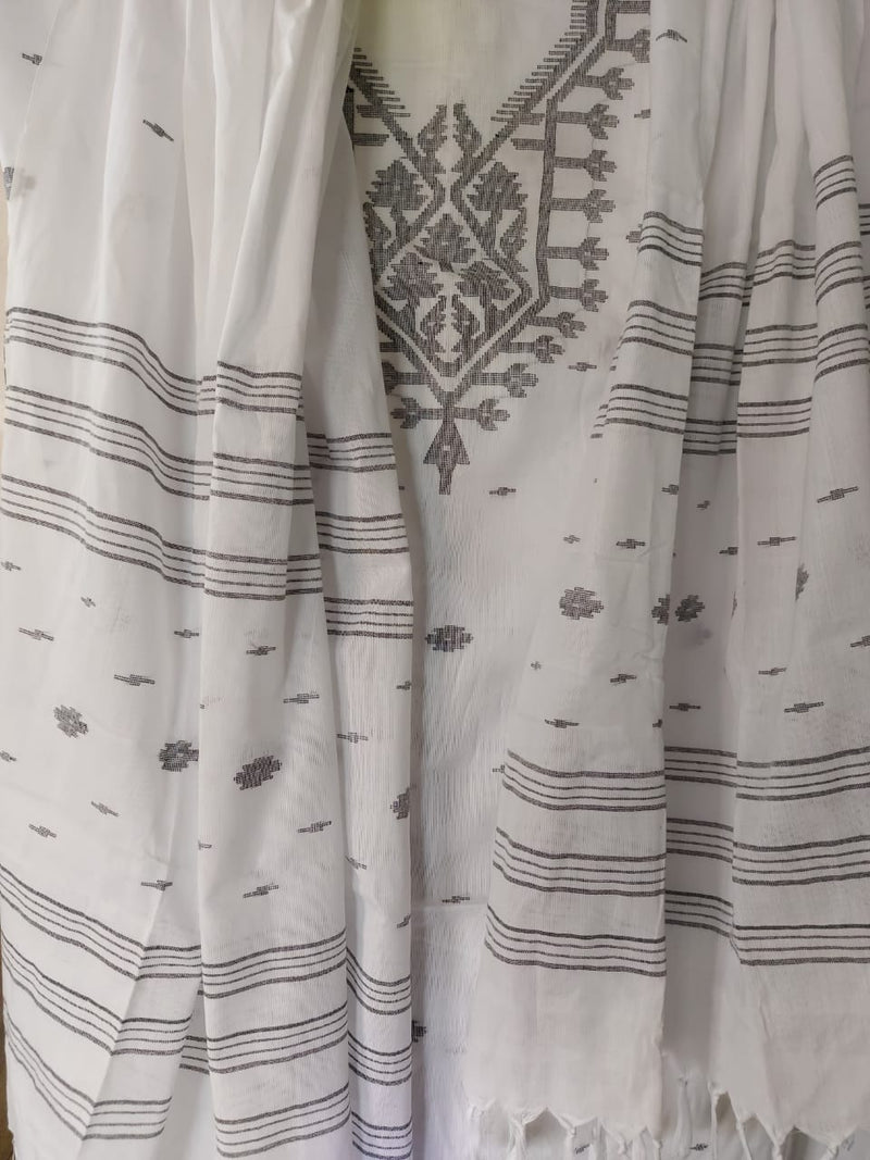 Soft cotton, white & black unstitched Dhakai,3 piece set. Balaram Saha