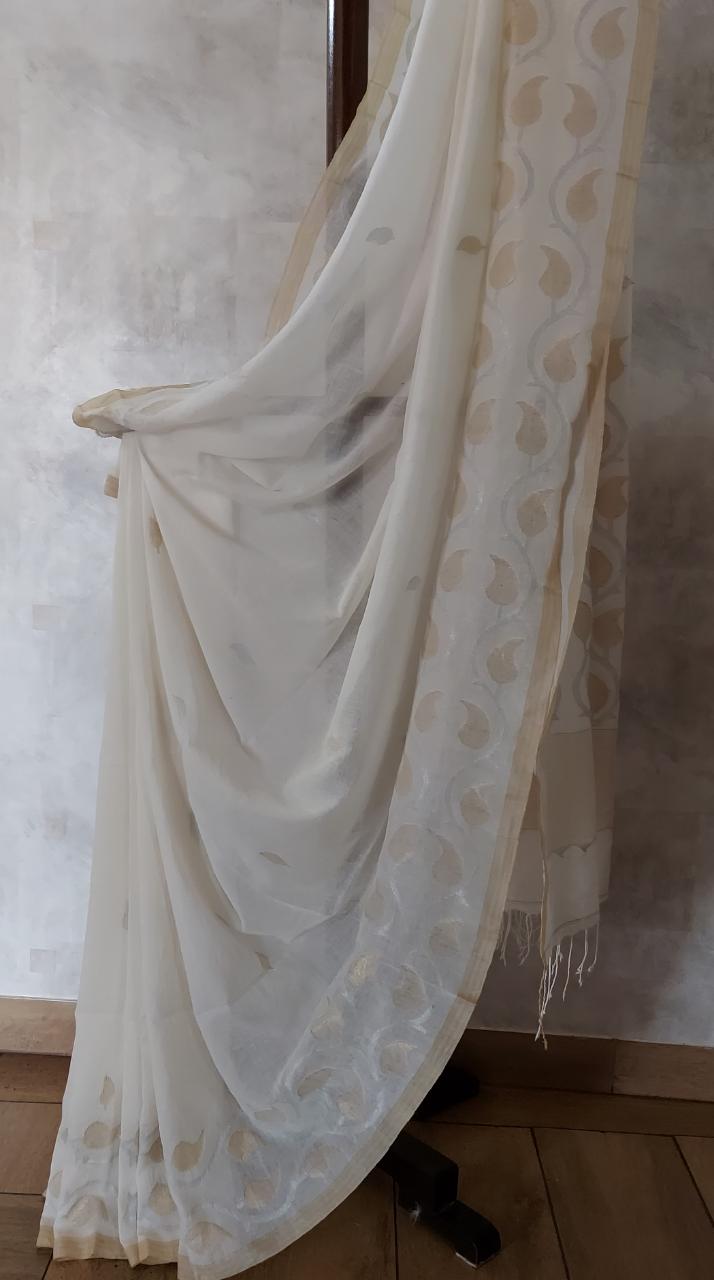 White & Gold/Silver soft cotton saree Balaram Saha