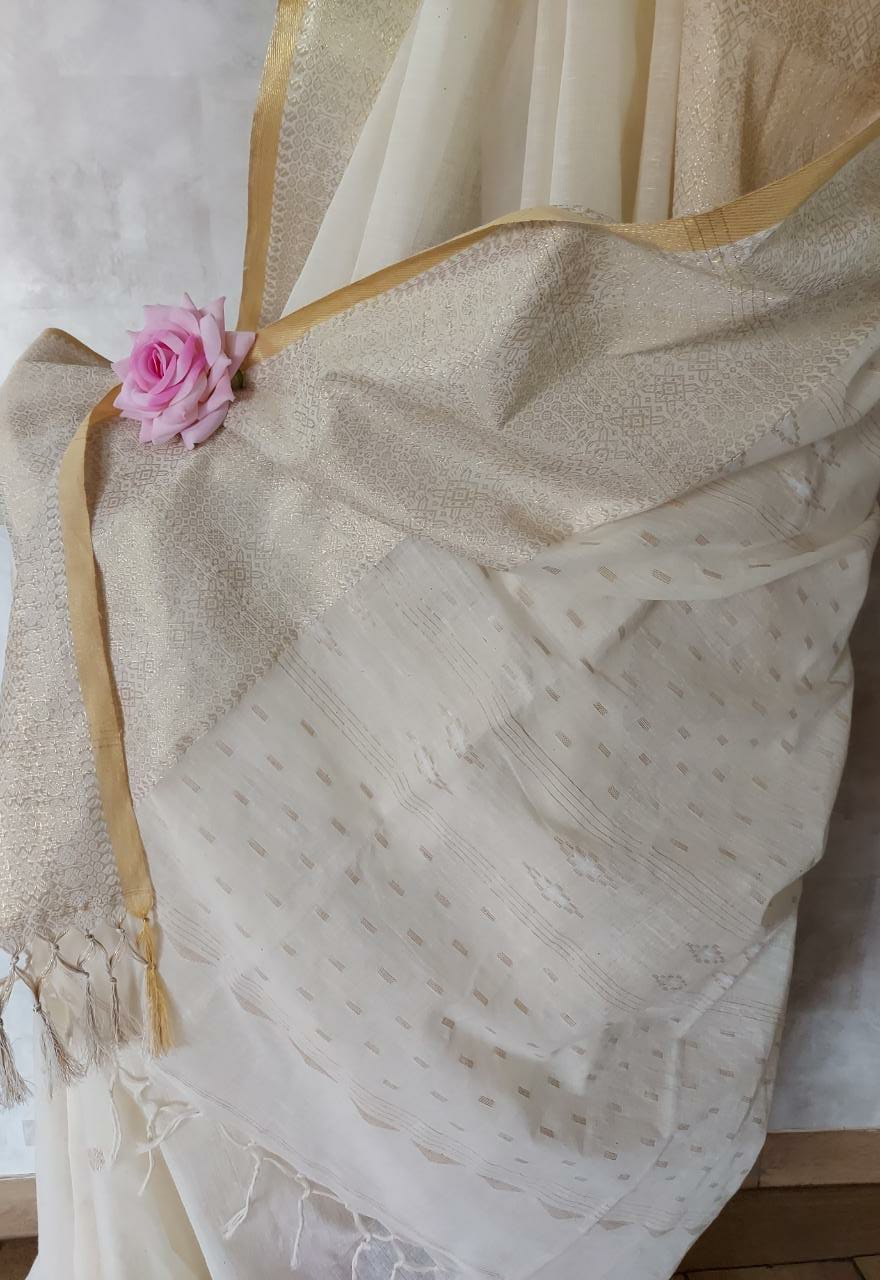 Off White & Gold Soft Cotton Saree Balaram Saha