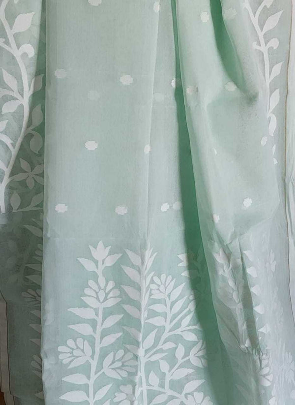 Light Mint Green & White cotton Dhakai saree Balaram Saha