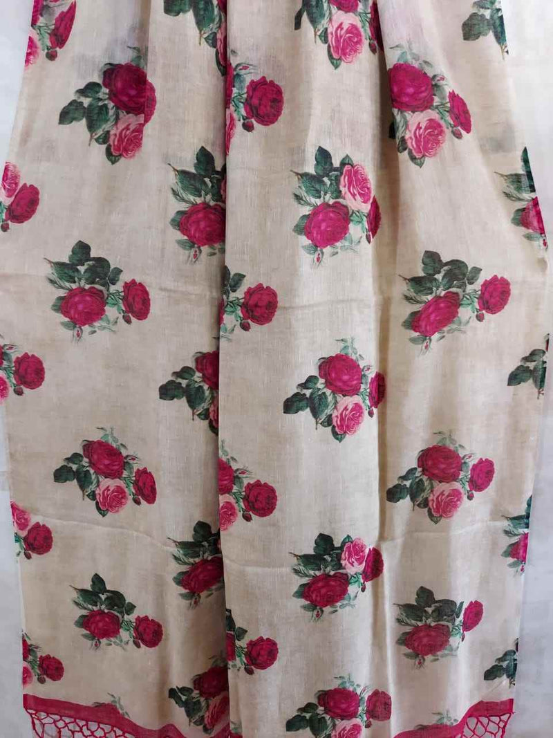 Off White Fine Quality Linen Saree With Rose Print Balaram Saha