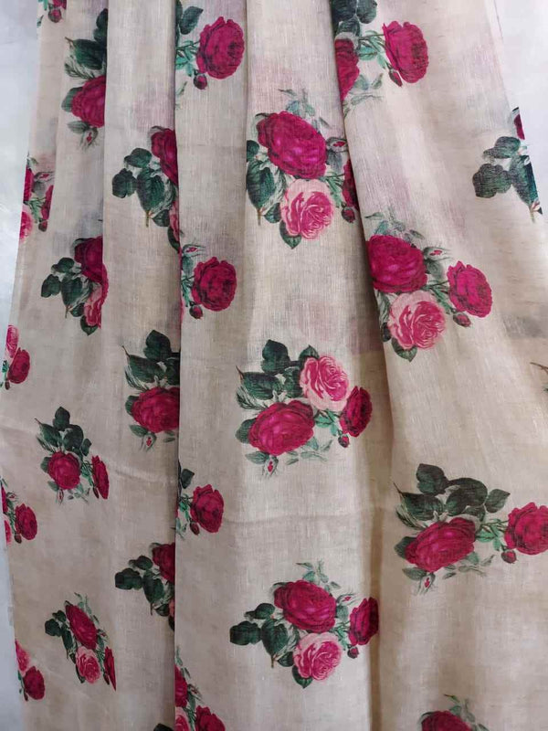 Off White Fine Quality Linen Saree With Rose Print Balaram Saha