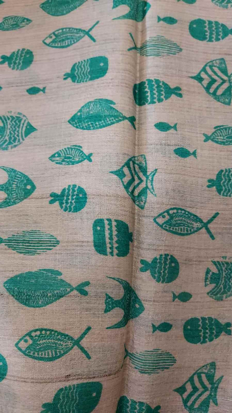 Natural shade Tussar silk saree with all over green fish Balaram Saha