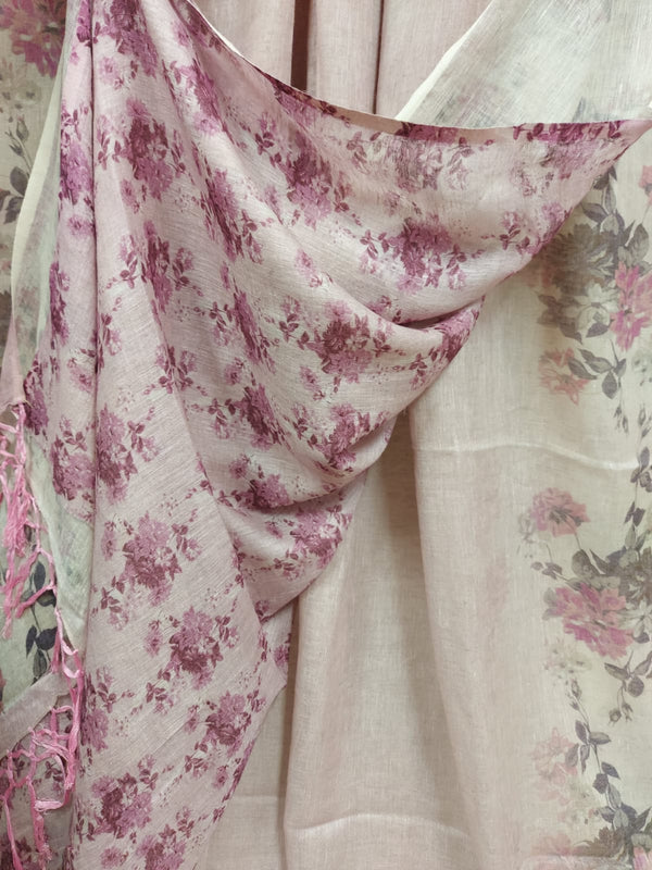 Light Bush pink floral print fine quality Linen saree Balaram Saha