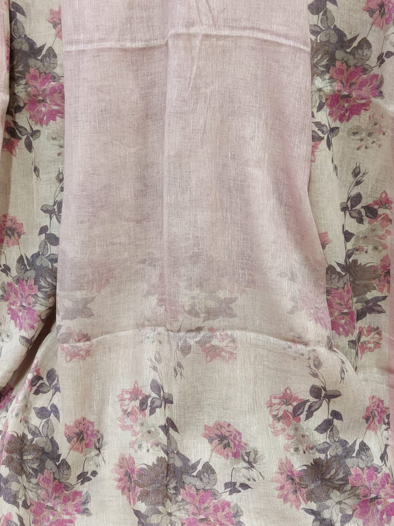 Light Bush pink floral print fine quality Linen saree Balaram Saha