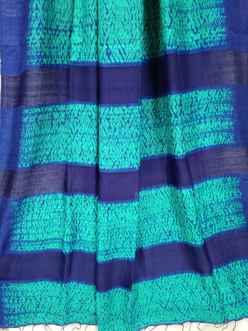 Sea Green & Dark blue Matka silk Shibori saree Balaram Saha