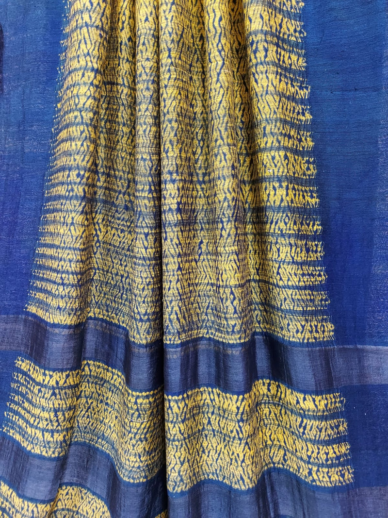 Yellow & Dark Blue Matka silk Shibori saree Balaram Saha