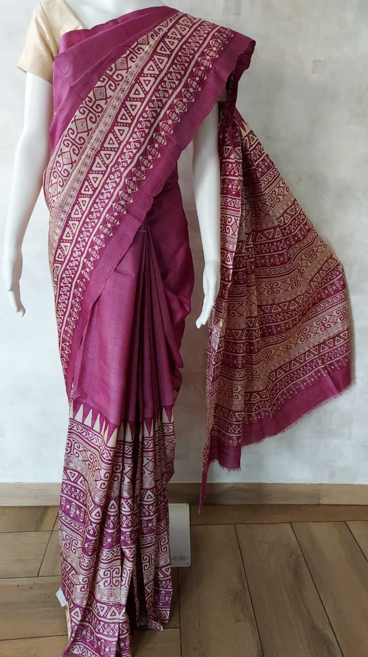 Tussar Silk Handblock Print Saree in Magenta & Beige By Balaram Saha