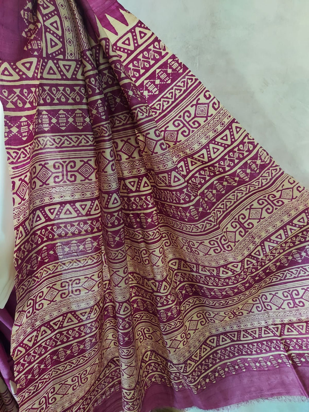 Tussar Silk Handblock Print Saree in Magenta & Beige By Balaram Saha
