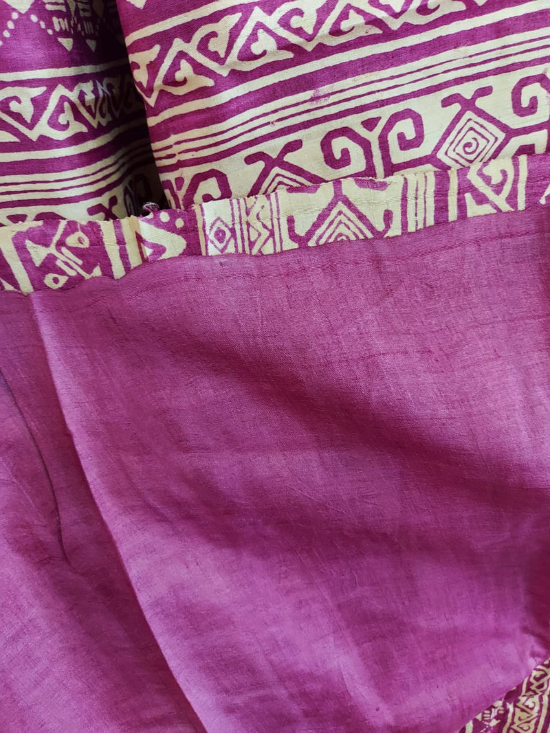 Magenta & Beige fine quality Tussar Silk handblock print saree Balaram Saha