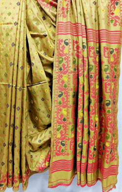 Olive Green & Multi-colored Katan silk Jamdani saree Balaram Saha